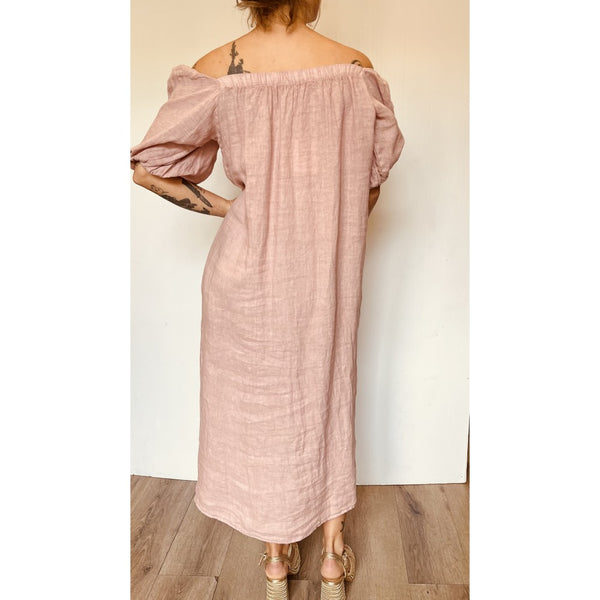 Off Shoulder Linen Dress (Available in Black or Pink)