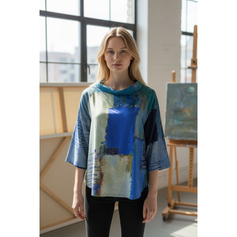 Blue Abstract Cowl Neck Top