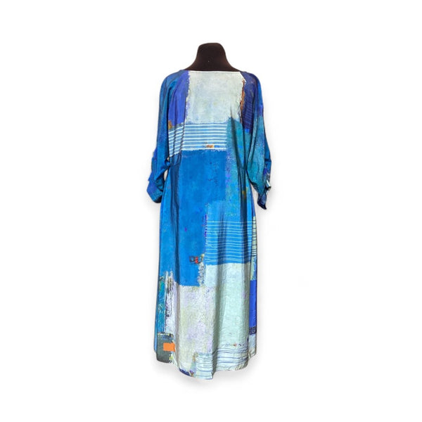 Blue Abstract Ruched Sleeve Dress