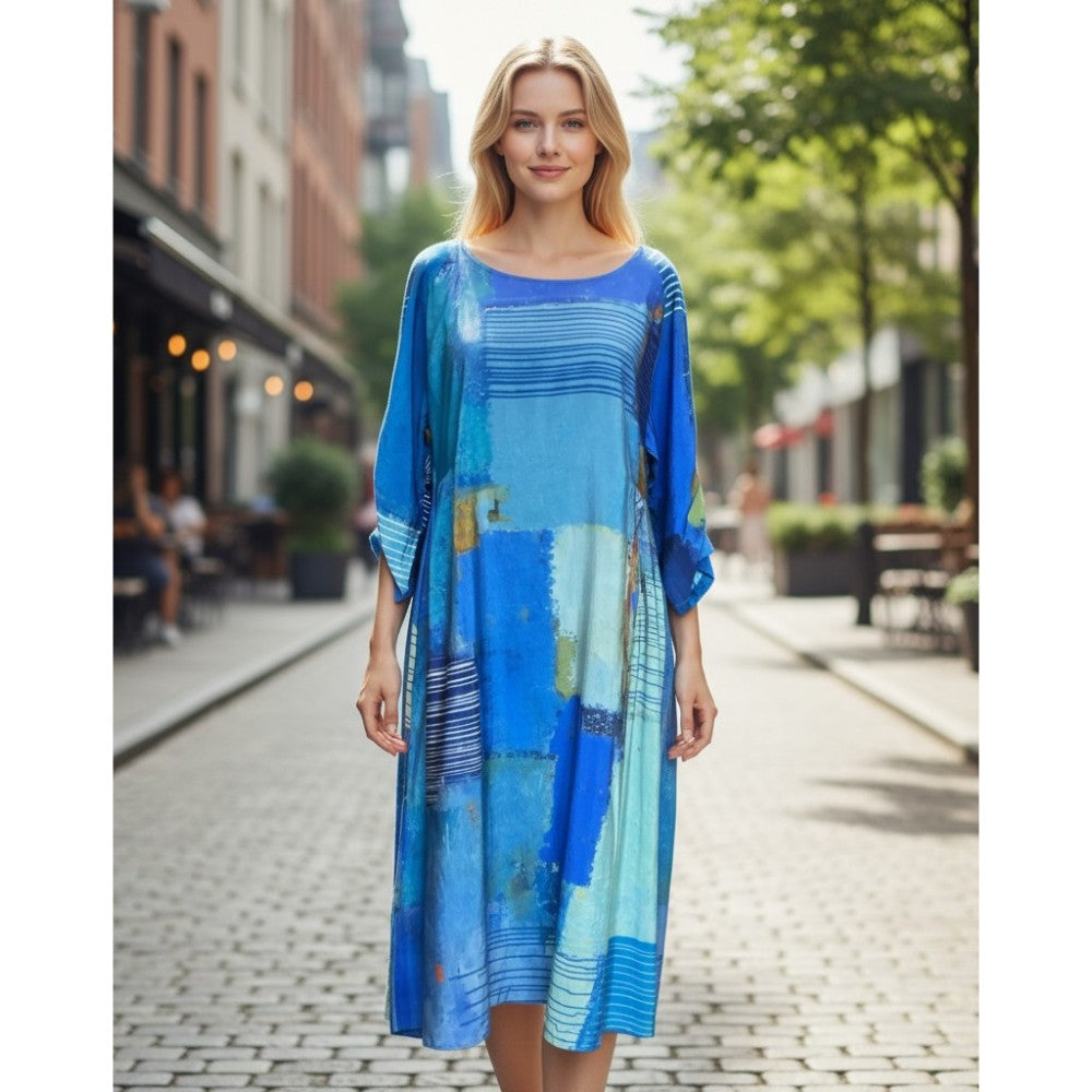 Blue Abstract Ruched Sleeve Dress