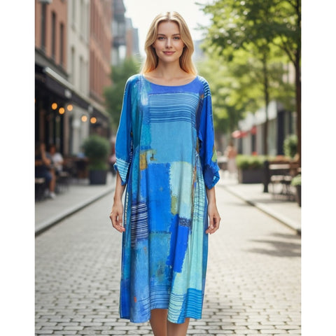 Blue Abstract Ruched Sleeve Dress