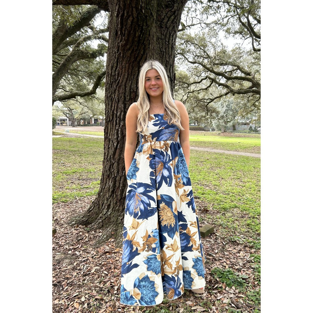 Blue Floral Spaghetti Strap Dress