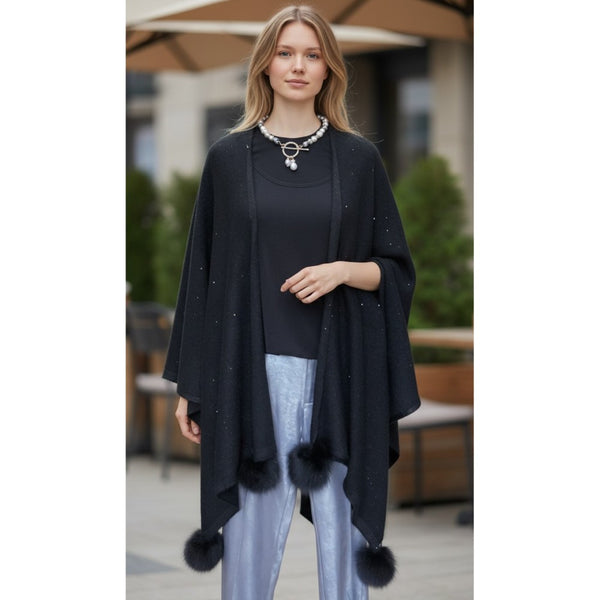 Sparkle Wrap with Fox Pom Pom (Available in Silver or Black)