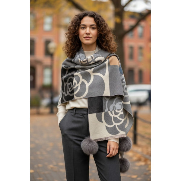 Wrap with Fox Pom Pom (Available in Grey Swirl, Coach, or Gucci)