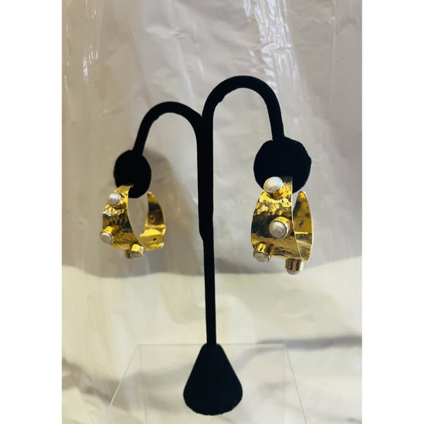Hammered Gold Pearl Hoops