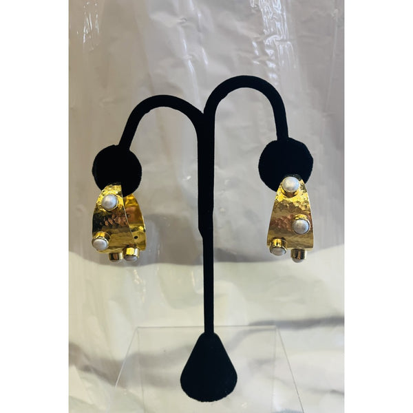 Hammered Gold Pearl Hoops