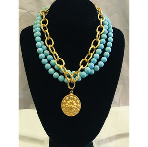 2 Strand Turquoise and Floral Pendant Necklace